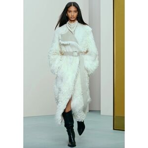 Zara White Faux Fur Belted Coat
